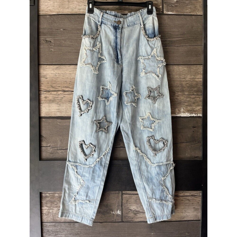 A Rare Bird Jeans Small Waist Hi-Rise Star Patched Rhinestones Boutique